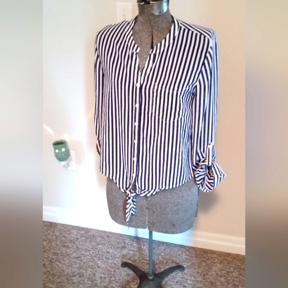 Navy&White Stripe Sheer Blouse - Picture 2 of 5
